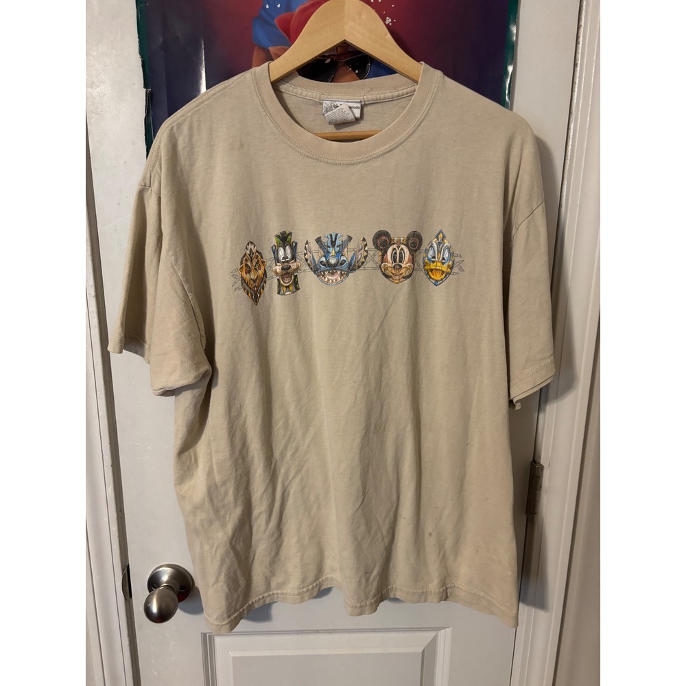 Walt Disney World Mens XL Tan Tribal Mask Graphic Tee Mickey Stitch Goofy Scar